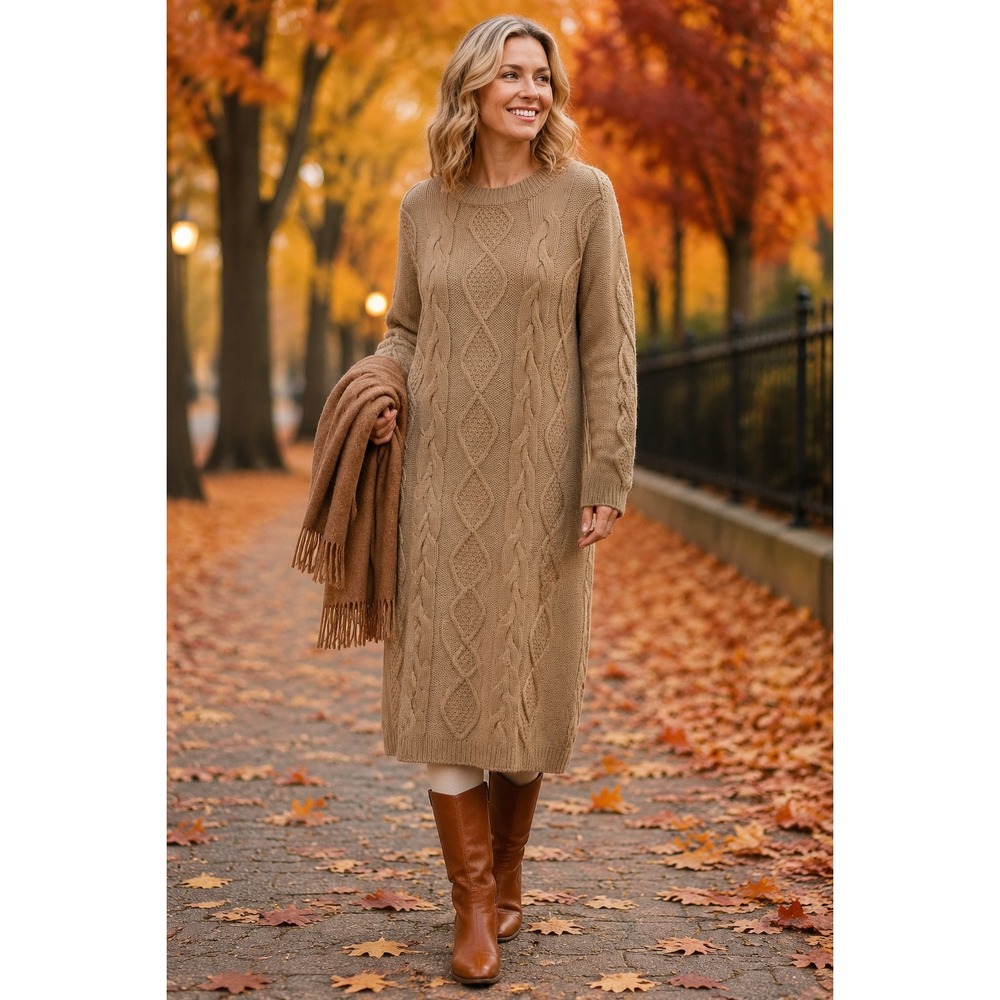 Jessica London Women 12 Cable Knit Sweater Dress Camel Tan Brown Midi Sleeve